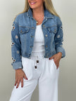 Jeansjacke mit Perlen- & Lochstickerei