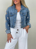 Jeansjacke mit Perlen- & Lochstickerei