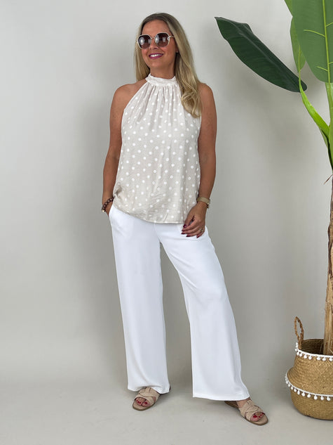 Neckholder Top Punkte in Beige/Weiß