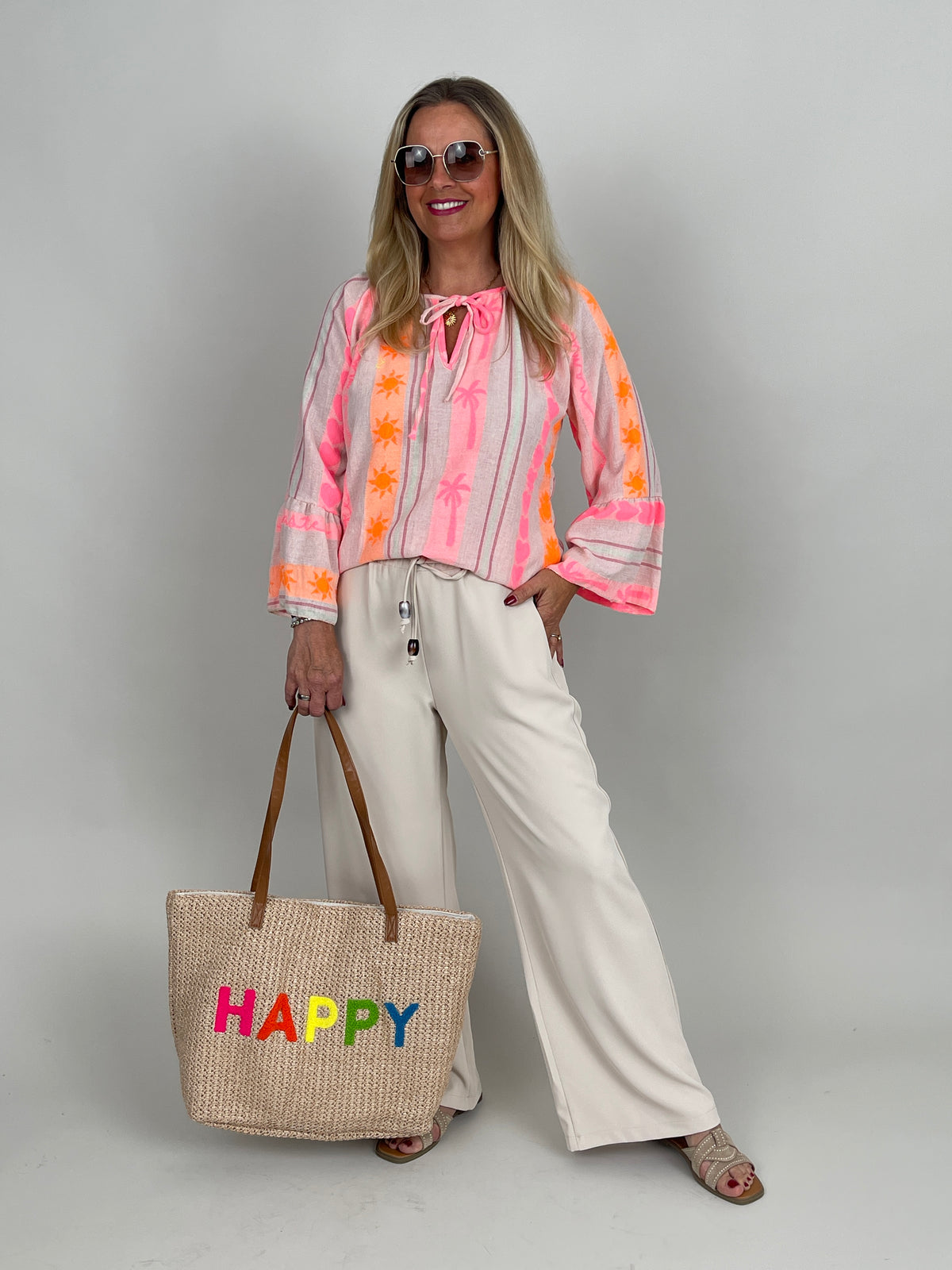 Boho-Bluse mit Neonstickerei in Pink/Orange