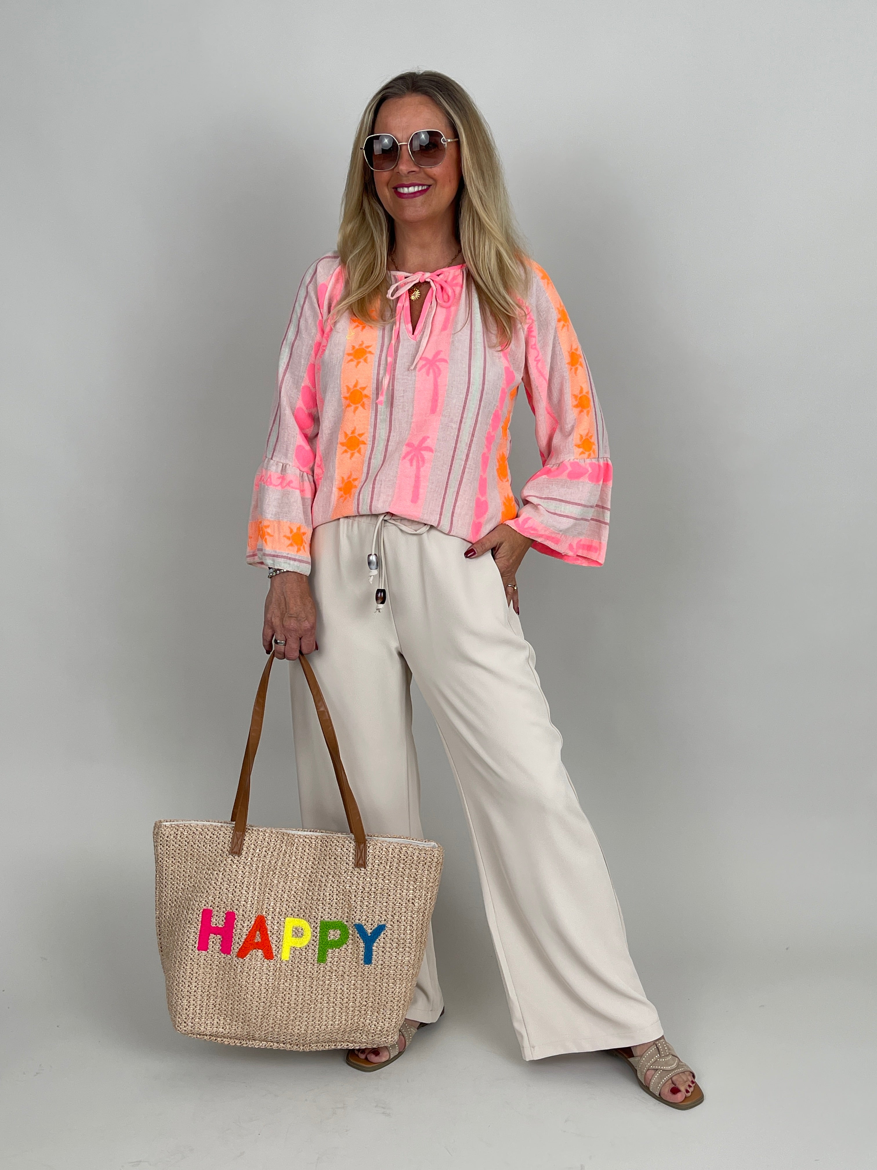 Boho-Bluse mit Neonstickerei in Pink/Orange