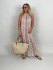 Neckholder-Kleid Maxi Kofferstoff Muster in Beige/Rosa/Hellblau