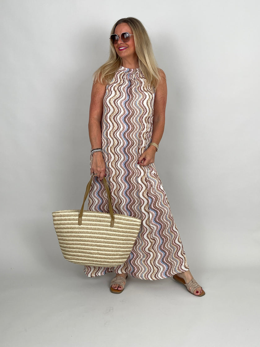 Neckholder-Kleid Maxi Kofferstoff Muster in Beige/Rosa/Hellblau