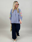 Bluse mit Stickerei und Streifen in Blau