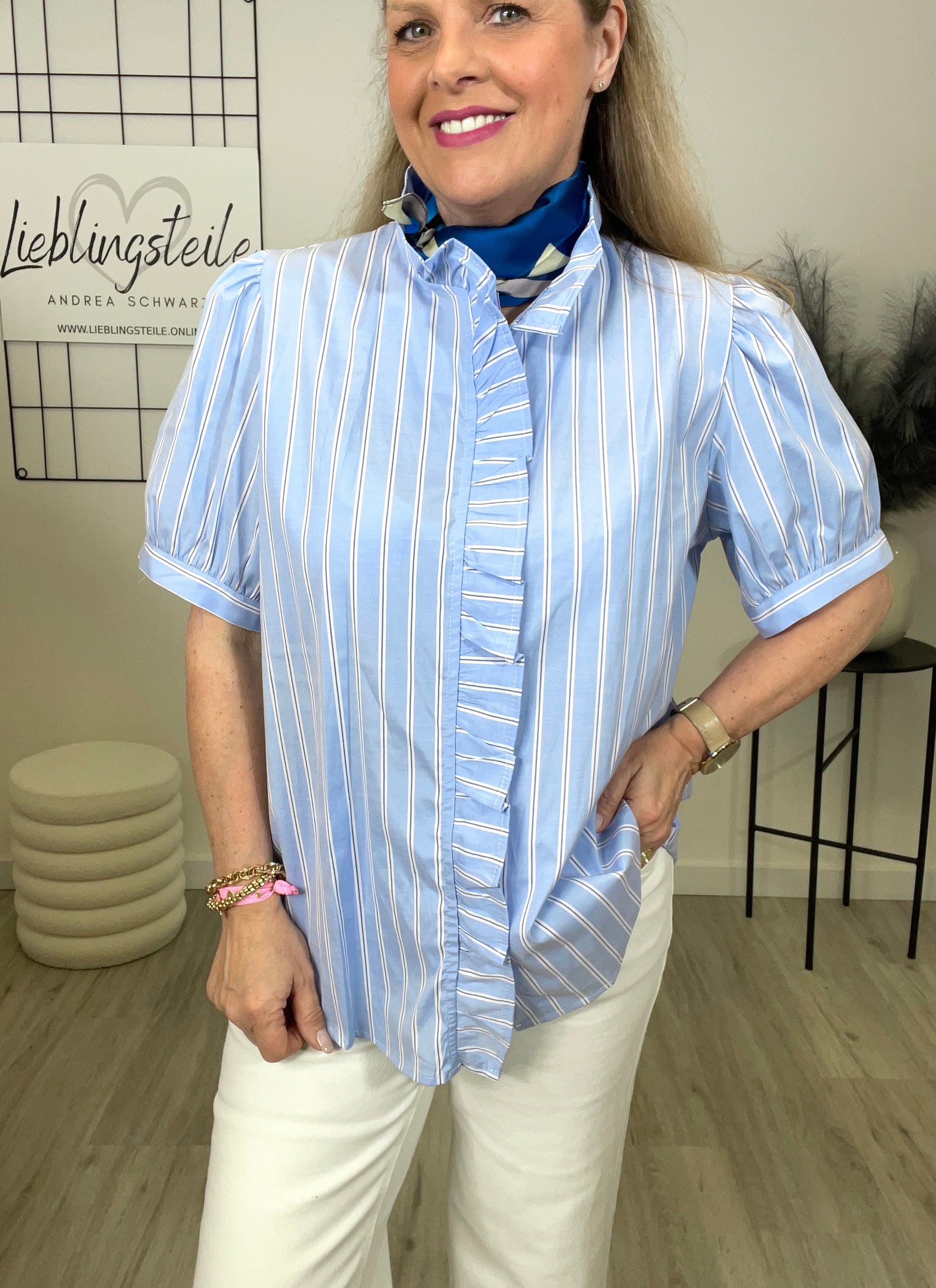 Bluse Kurzarm Streifen in Hellblau