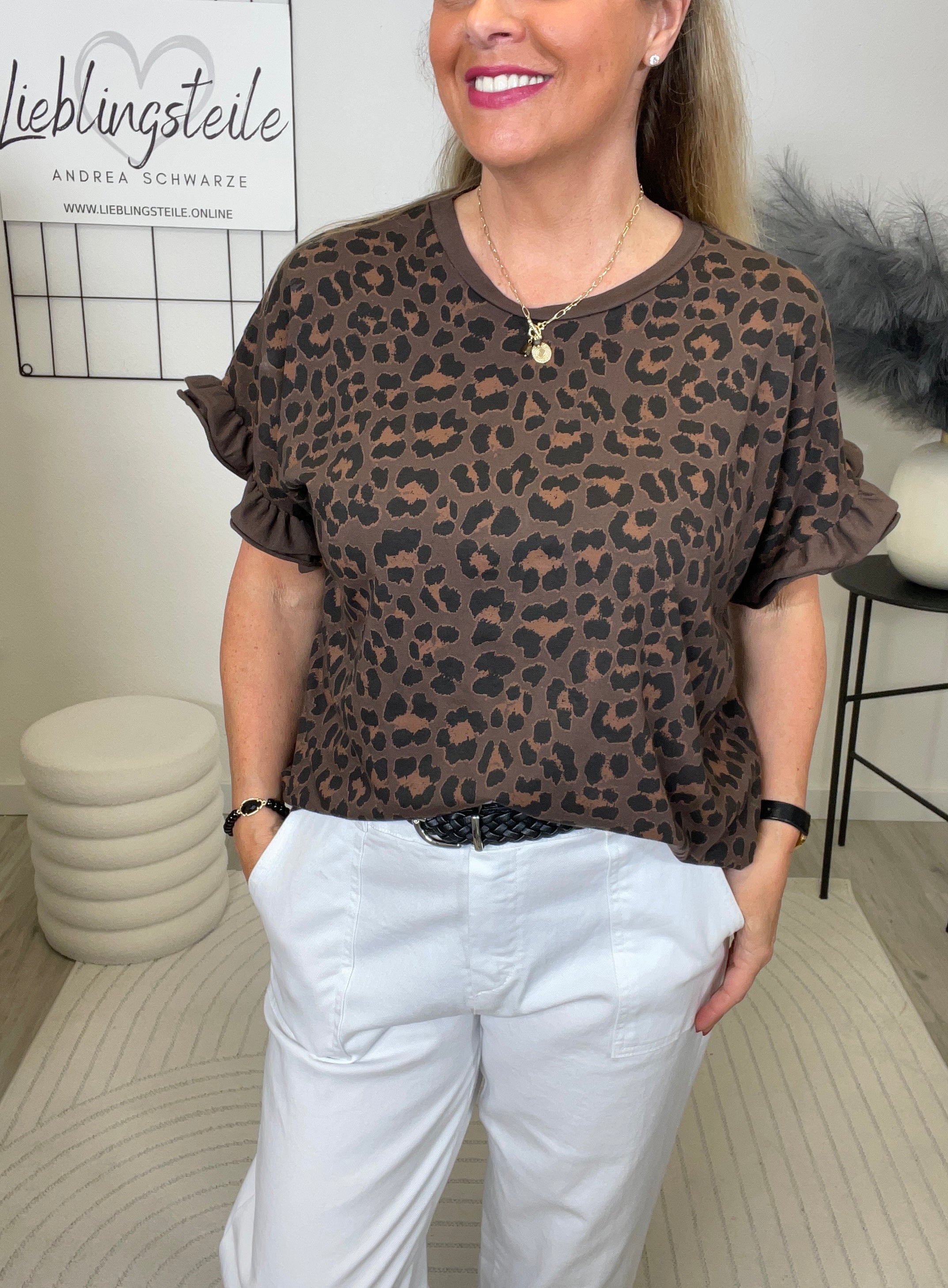 Shirt mit Volants Leo in Mokka/Schwarz