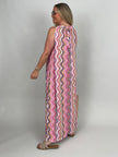 Neckholder-Kleid Maxi Kofferstoff Muster in Pink/Orange