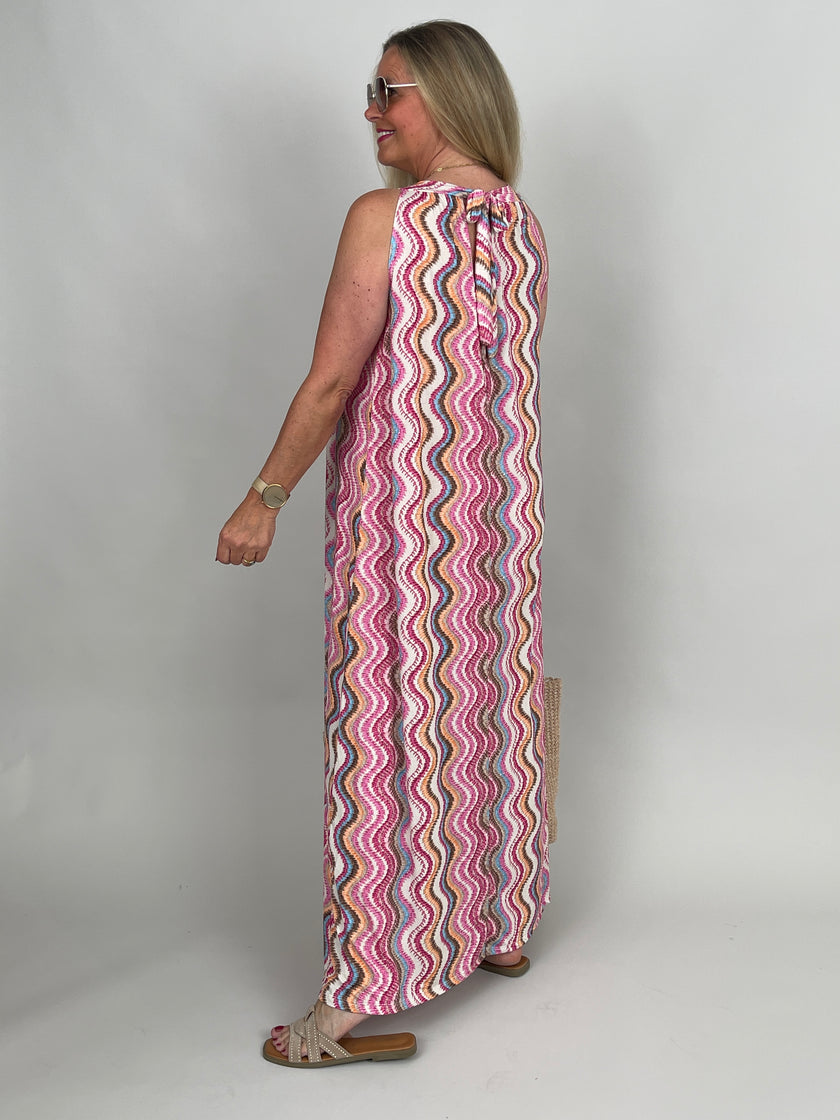 Neckholder-Kleid Maxi Kofferstoff Muster in Pink/Orange