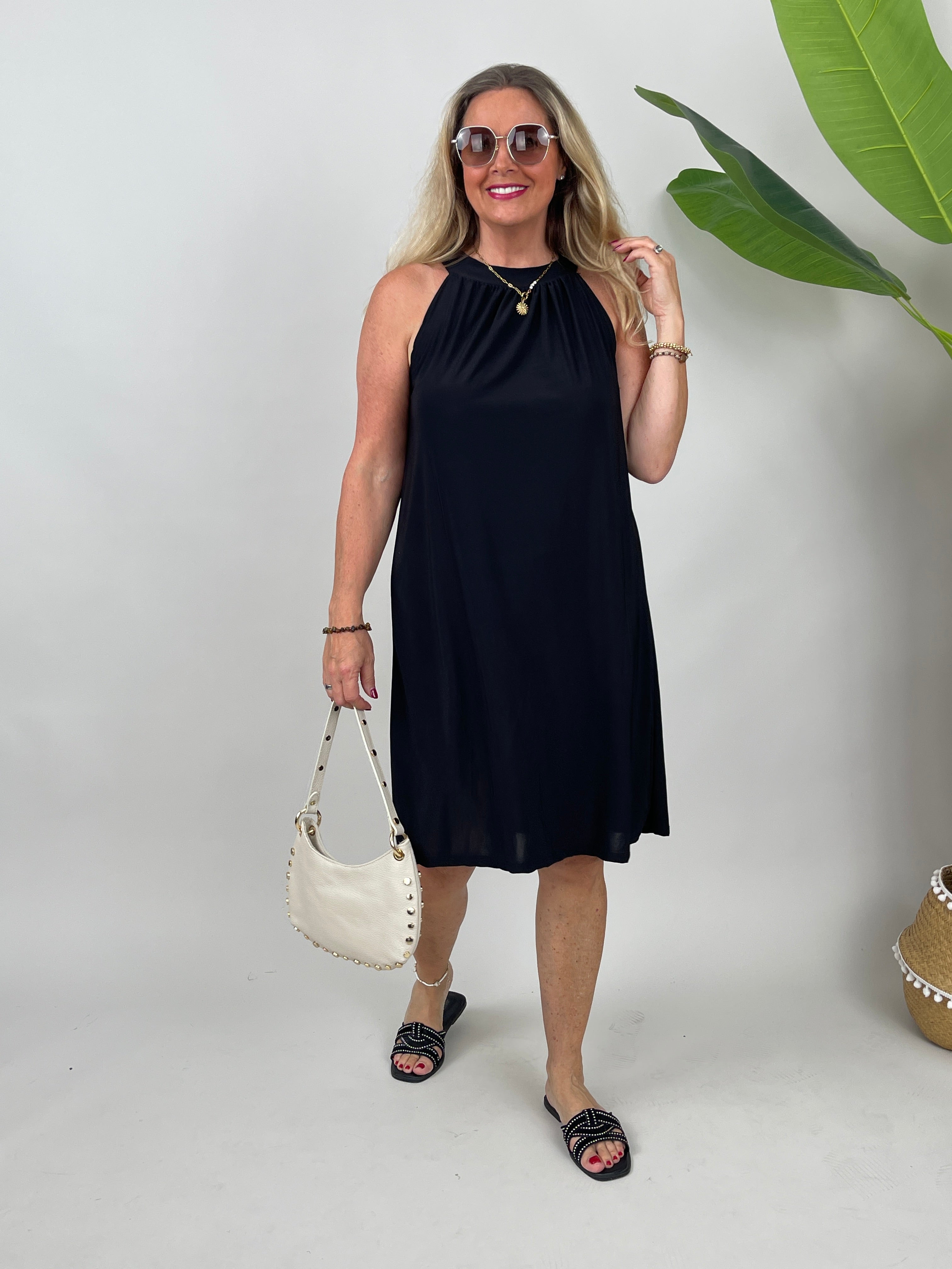 Neckholder-Kleid Kurz Kofferstoff Schwarz