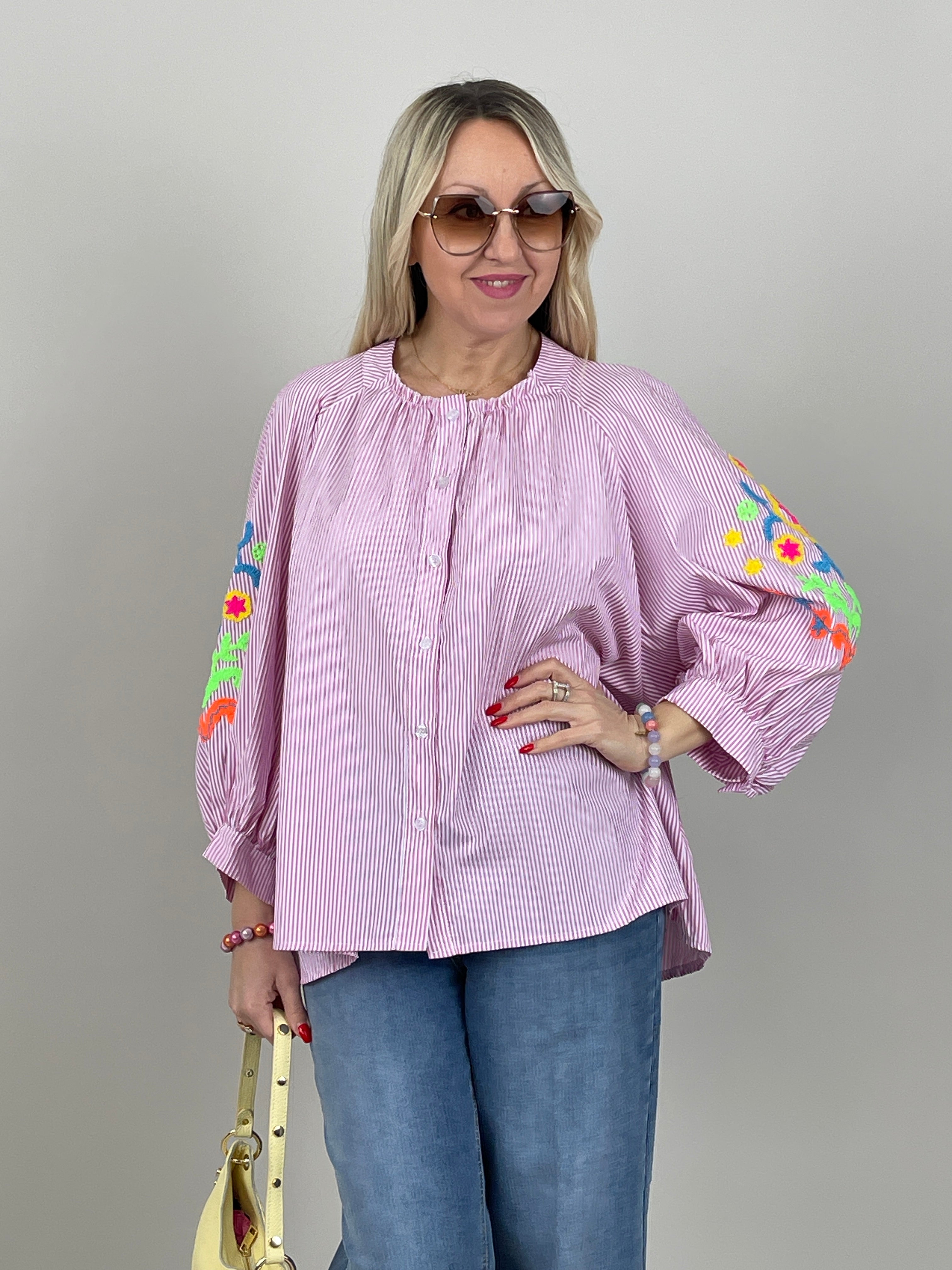 Bluse mit Strickerei und Streifen in Rosa Art. 6978