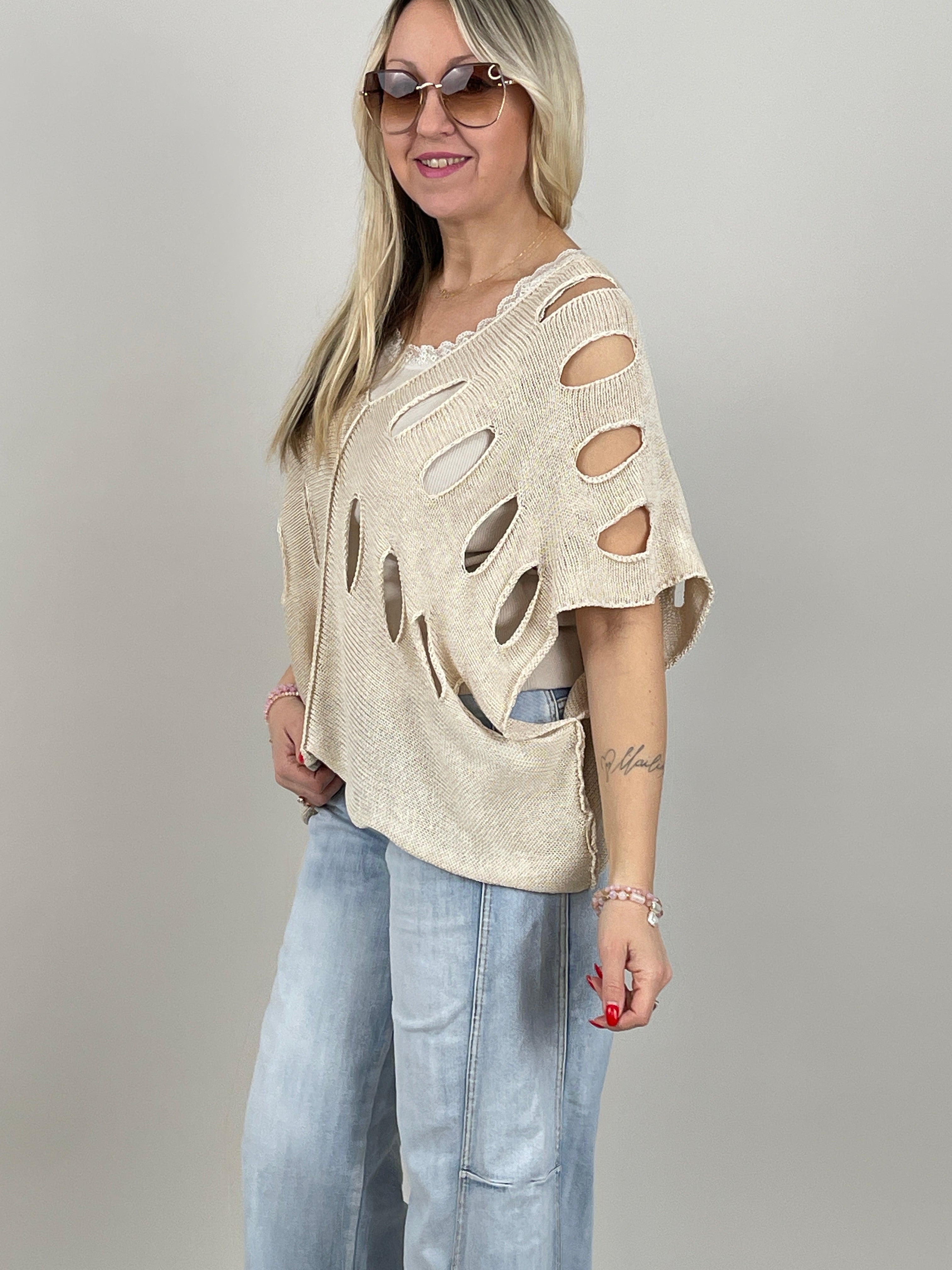 Pullover Kurzarm großes Lochmuster in Beige