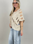 Pullover Kurzarm großes Lochmuster in Beige