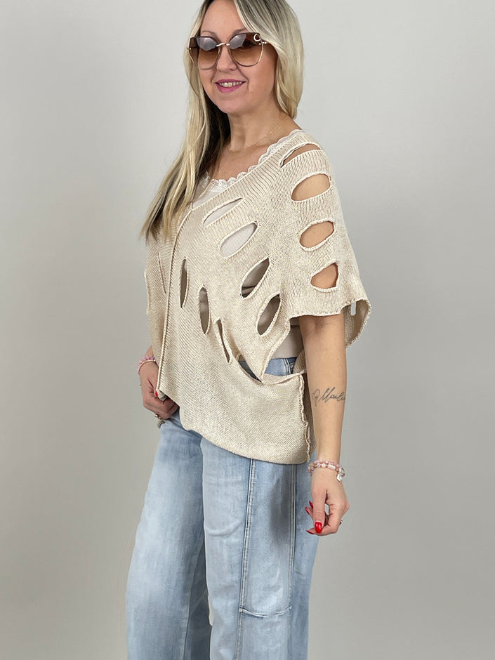 Pullover Kurzarm großes Lochmuster in Beige