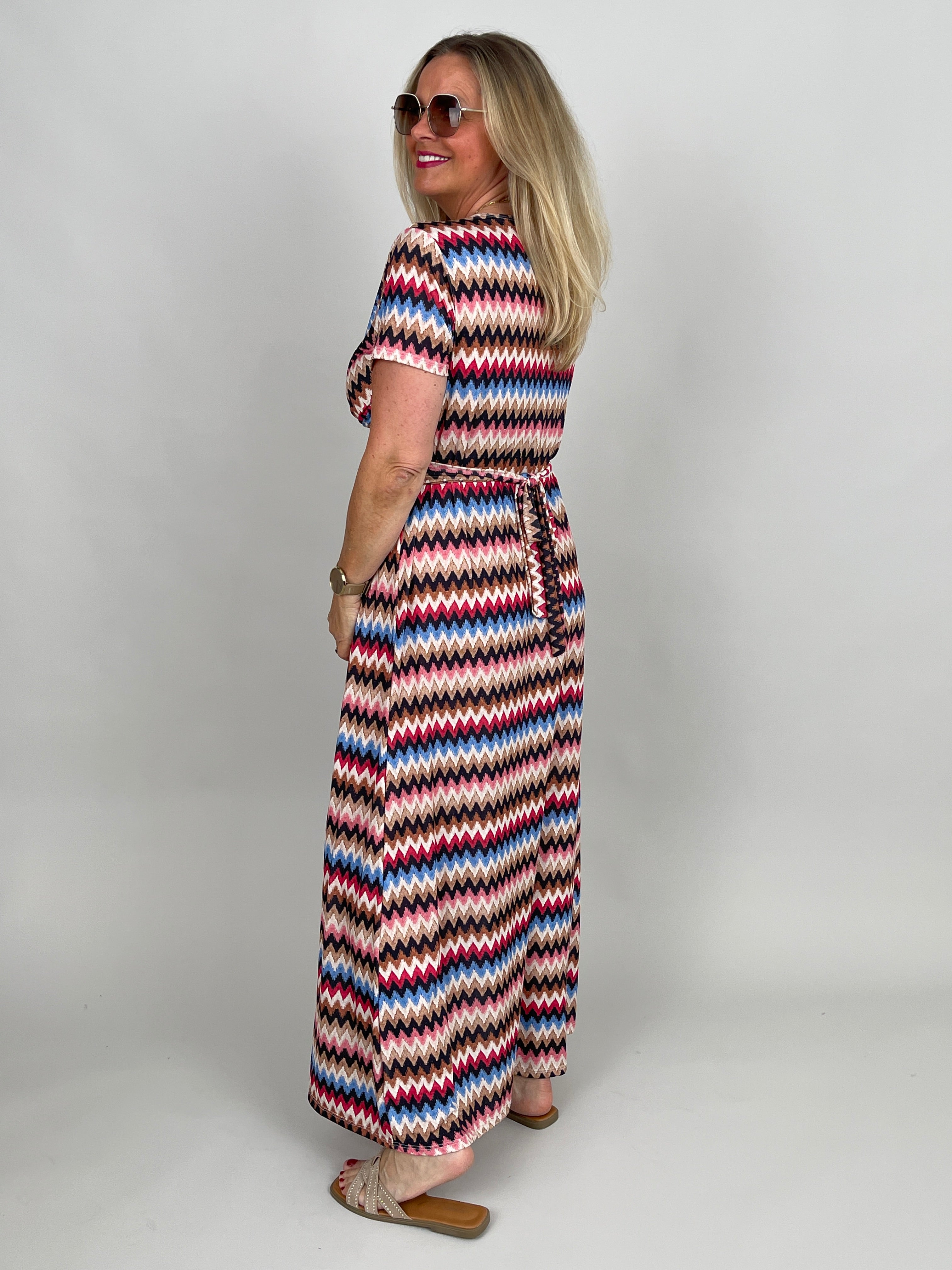 Kleid lang Kofferstoff ZickZack in Rot/Beige/Schwarz