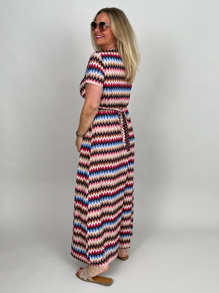 Kleid lang Kofferstoff ZickZack in Rot/Beige/Schwarz