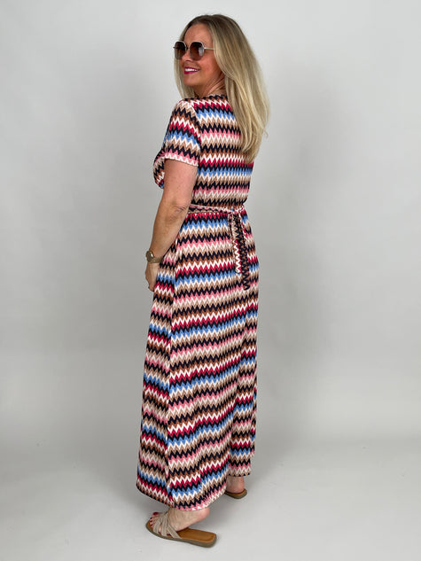 Kleid lang Kofferstoff ZickZack in Rot/Beige/Schwarz
