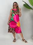 Neckholder-Kleid Kurz Kofferstoff Muster Leo/Pink/Grün