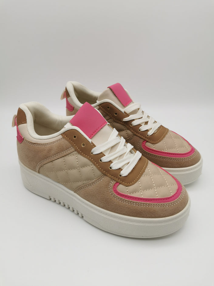 Sneaker Plateau in Beige/Camel/Pink