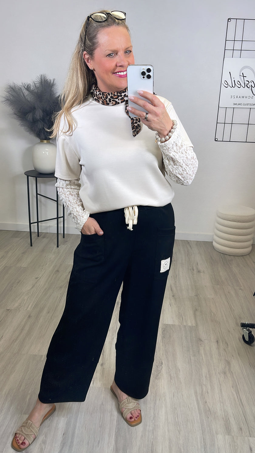 Shirt Soft mit Spitzen-Ärmeln in Beige