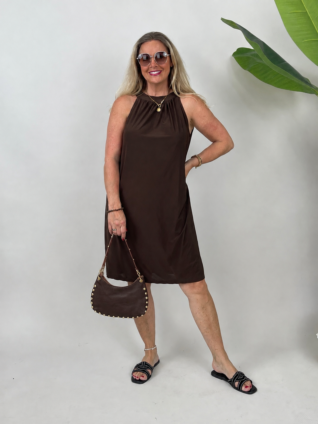 Neckholder-Kleid Kurz Kofferstoff in Mokka