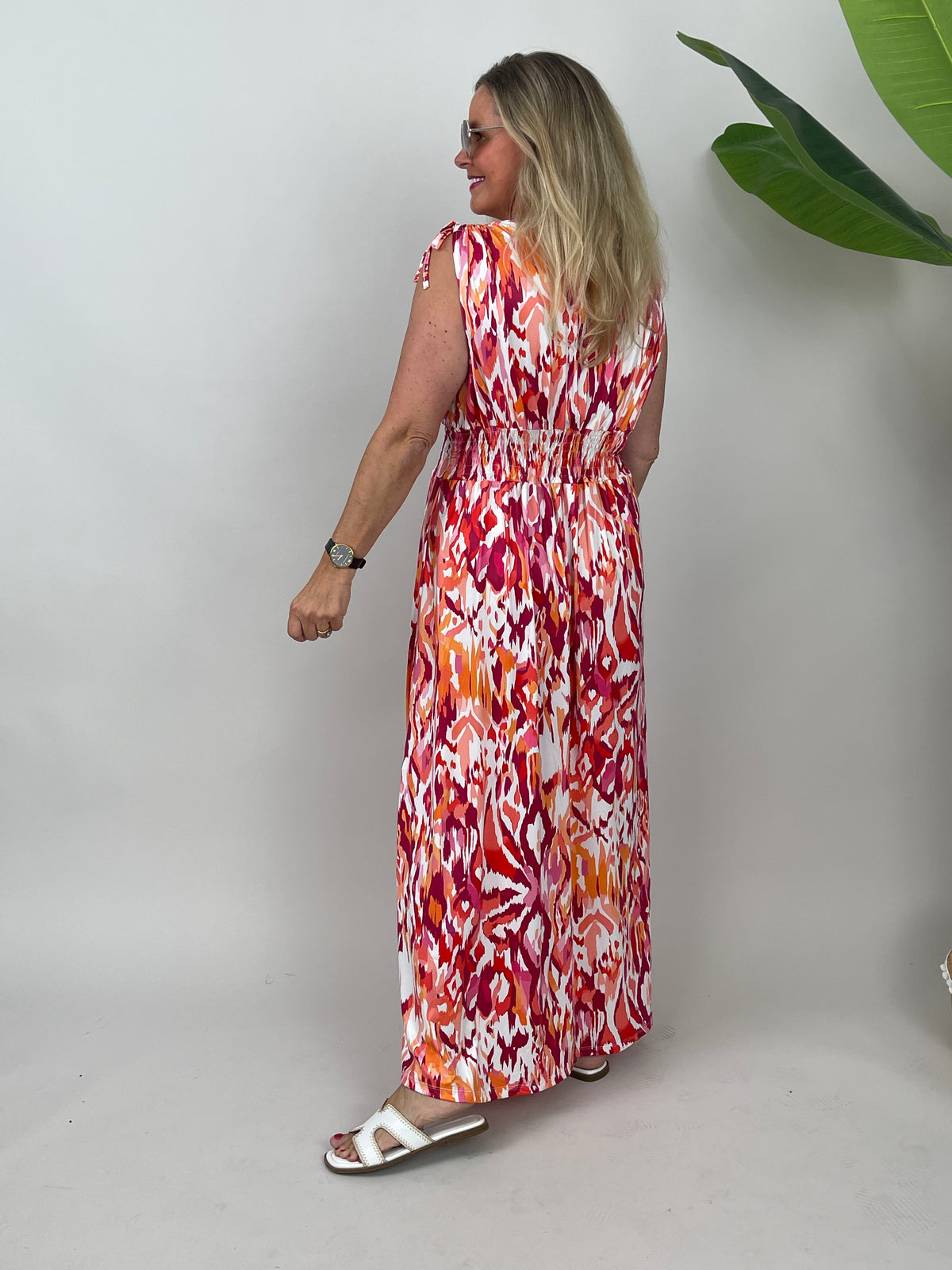 Kleid Maxi Kofferstoff Binde-Details Orange/Rot