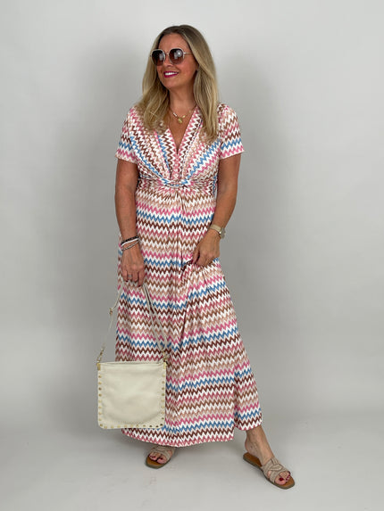 Kleid lang Kofferstoff ZickZack in Rosa/Beige/Hellblau