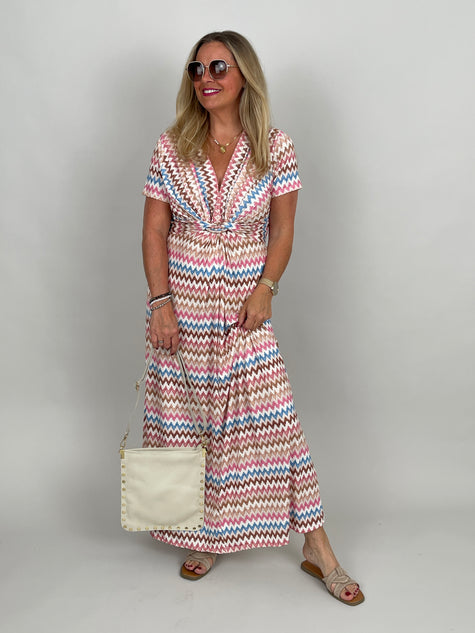 Kleid lang Kofferstoff ZickZack in Rosa/Beige/Hellblau