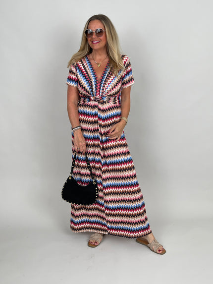 Kleid lang Kofferstoff ZickZack in Rot/Beige/Schwarz