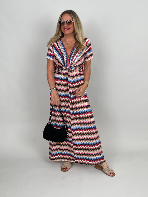 Kleid lang Kofferstoff ZickZack in Rot/Beige/Schwarz