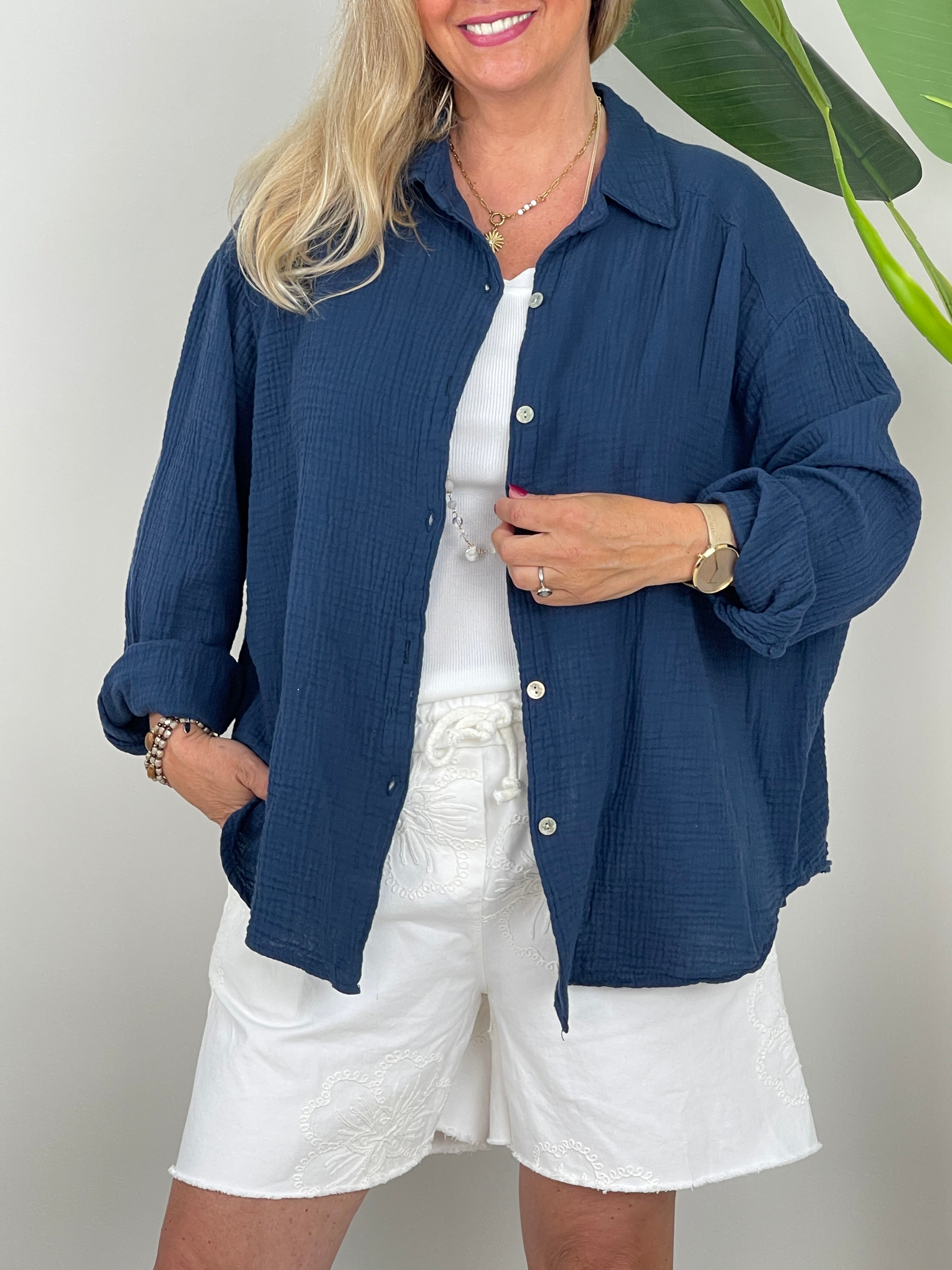 Musselin Bluse Uni in Marine