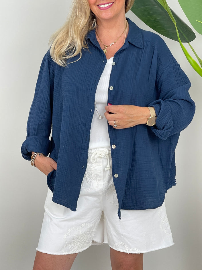 Musselin Bluse Uni in Marine