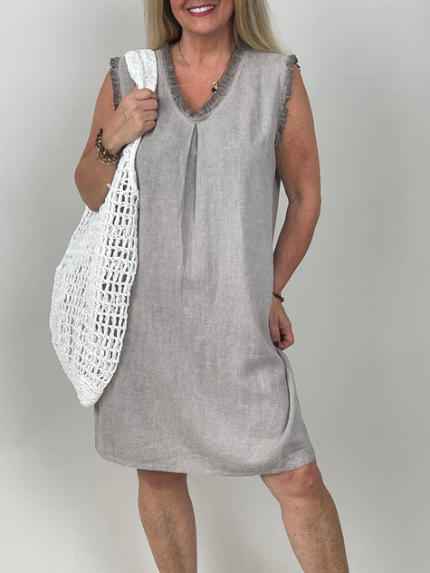 Kleid Leinen mit Rüschen-Details in Taupe
