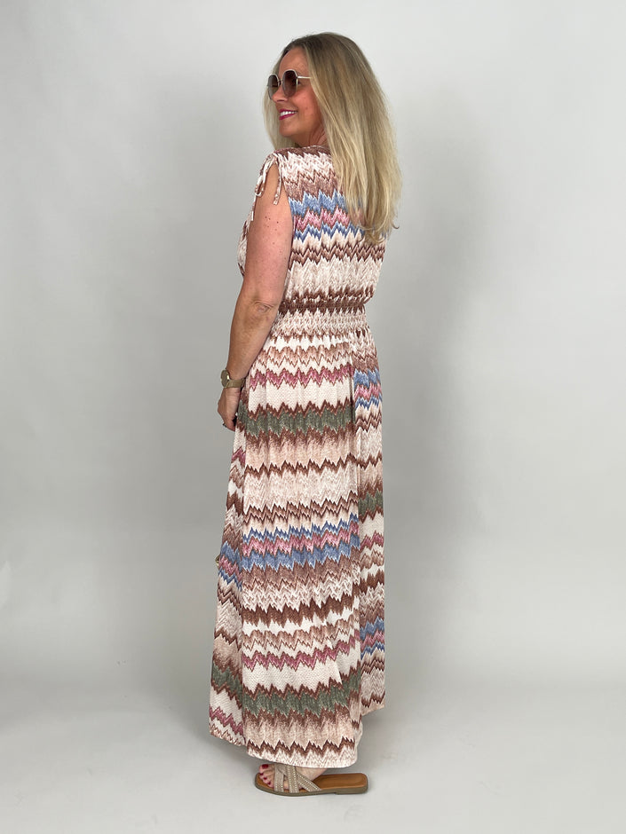 Kleid Maxi Kofferstoff Binde-Details ZickZack in Beigetönen
