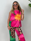 Neckholder Top Kofferstoff Muster Leo/Pink/Grün