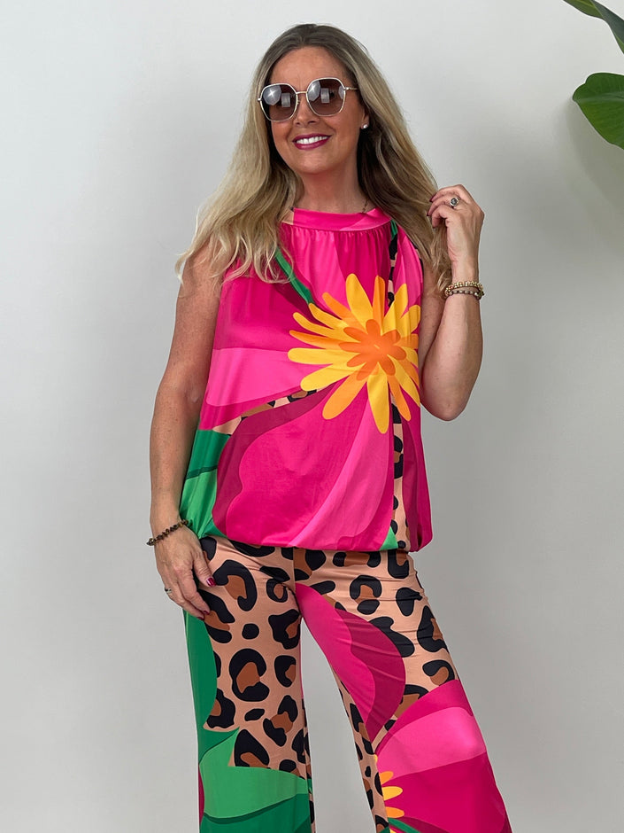 Neckholder Top Kofferstoff Muster Leo/Pink/Grün