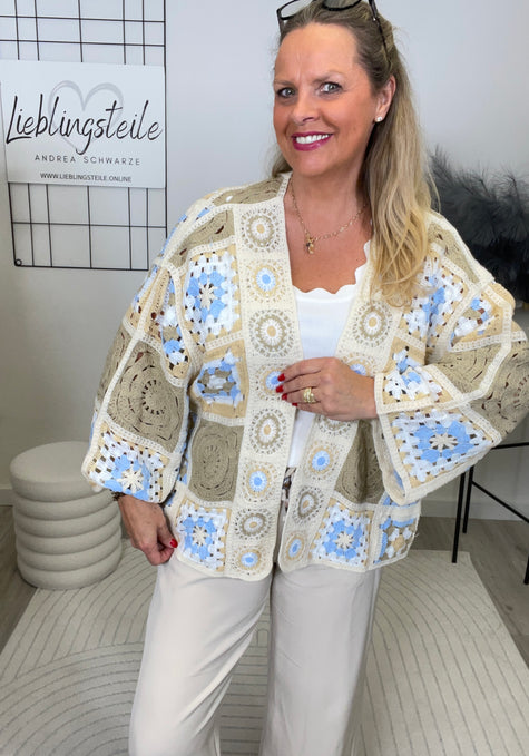 Boho Häkelcardigan in Beige/Hellblau