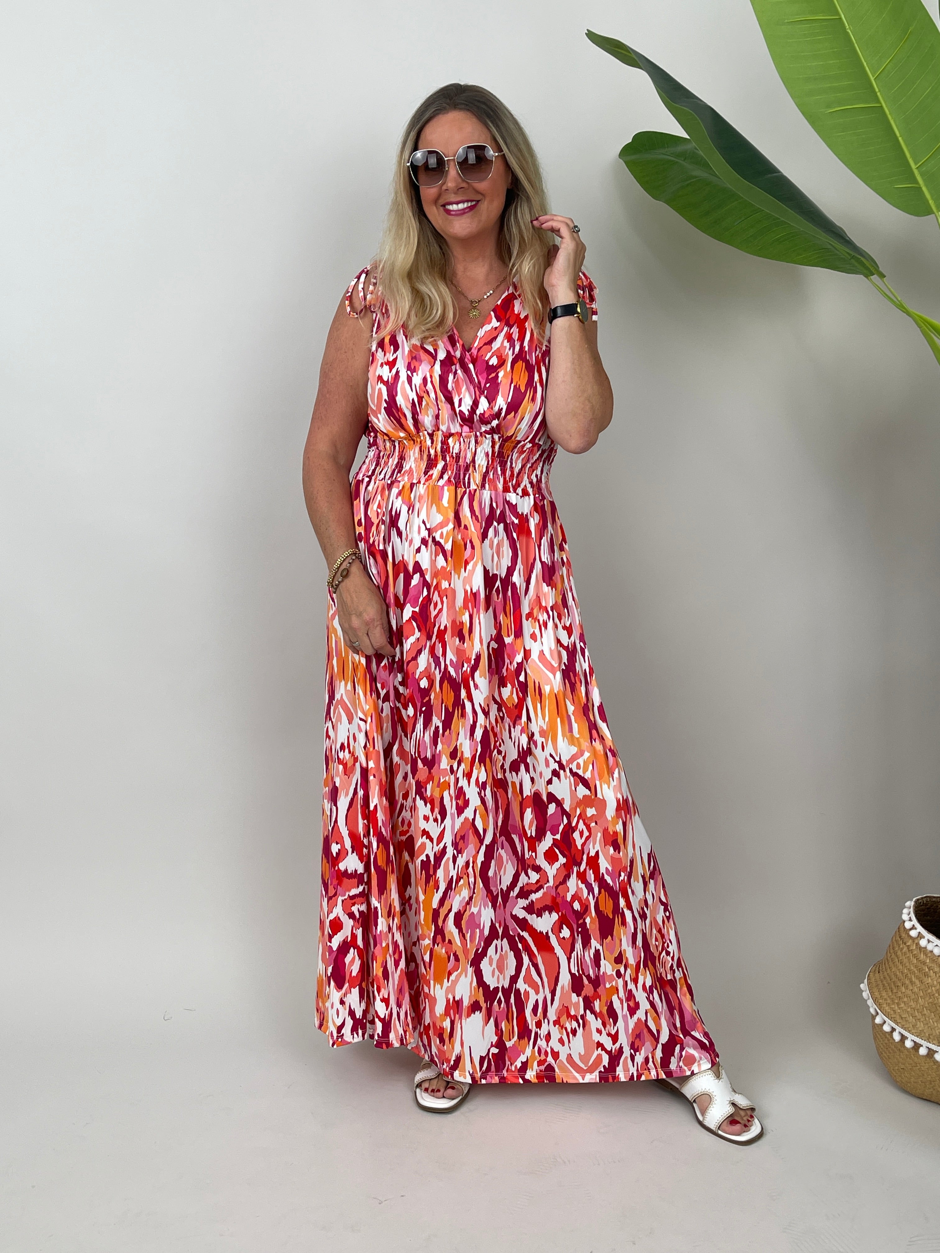 Kleid Maxi Kofferstoff Binde-Details Orange/Rot