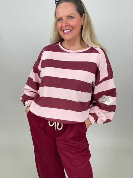 Sweatshirt mit Blockstreifen in Bordeaux/Rosa