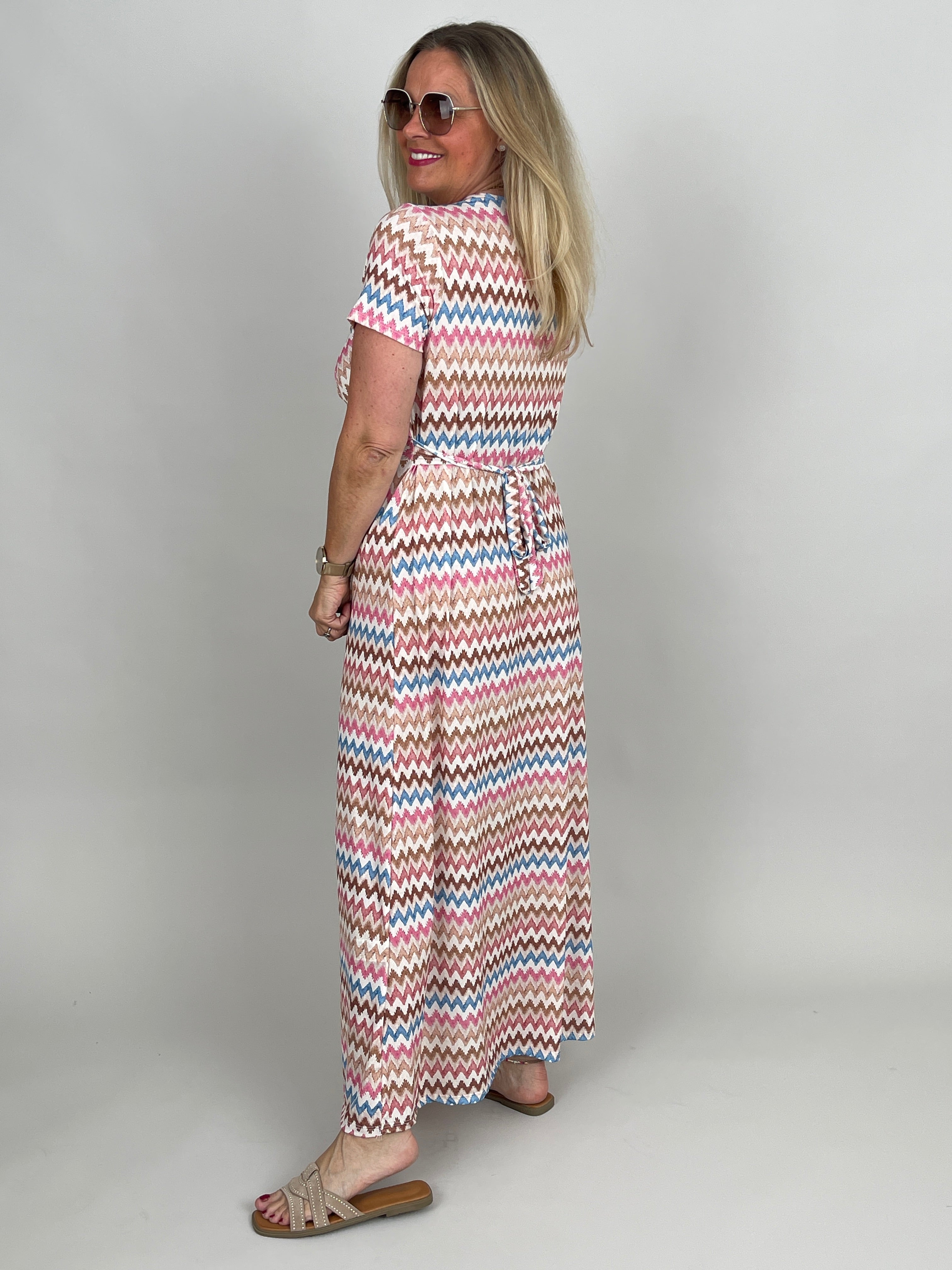 Kleid lang Kofferstoff ZickZack in Rosa/Beige/Hellblau