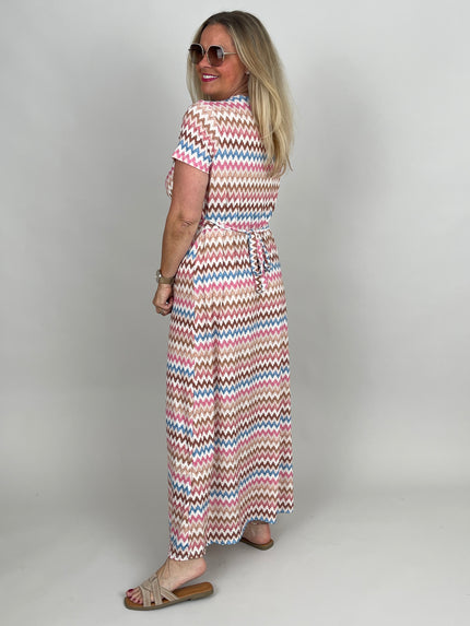 Kleid lang Kofferstoff ZickZack in Rosa/Beige/Hellblau