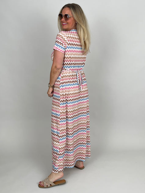 Kleid lang Kofferstoff ZickZack in Rosa/Beige/Hellblau