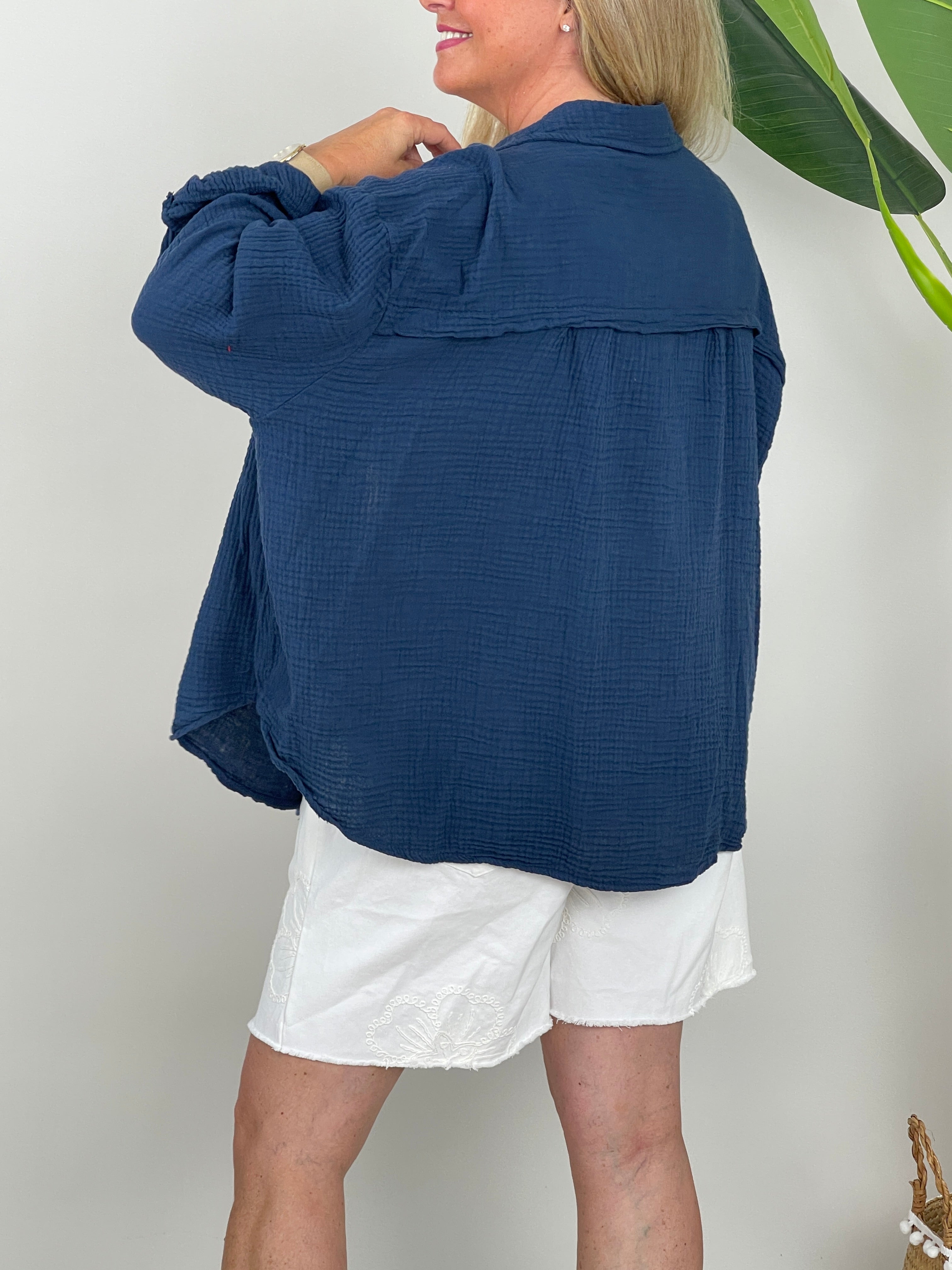 Musselin Bluse Uni in Marine