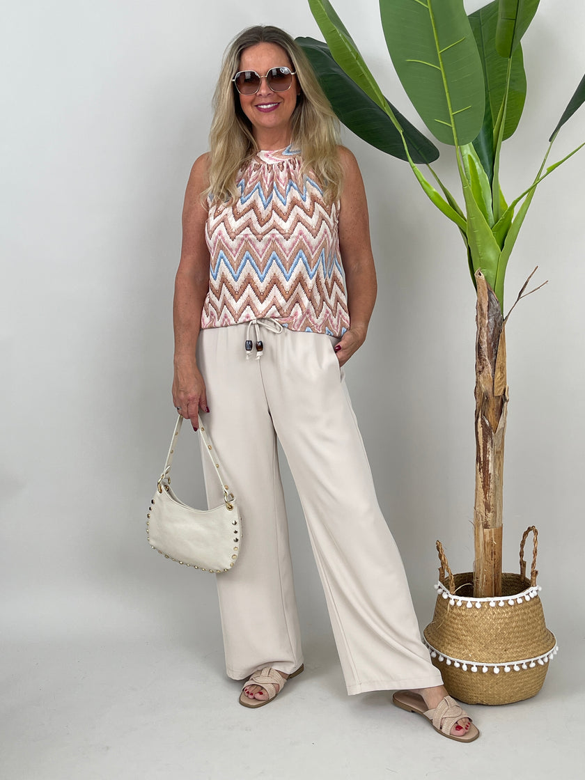 Neckholder Top Kofferstoff ZickZack in Beige/Hellblau