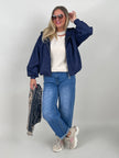 Jacke mit Kapuze in Velours-Optik in Marine