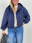 Jacke mit Kapuze in Velours-Optik in Marine