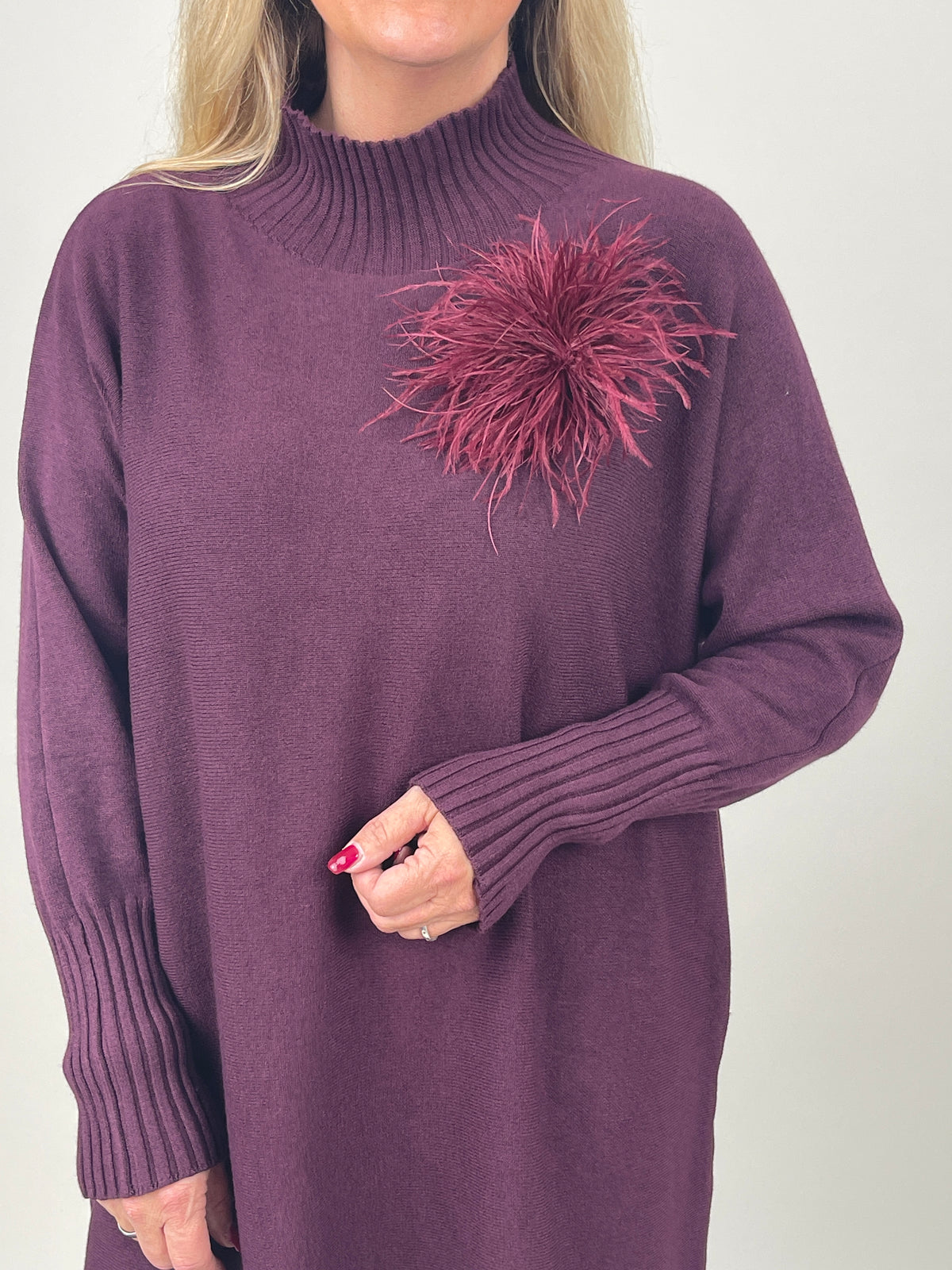 Pulloverkleid mit Stehkragen in Aubergine