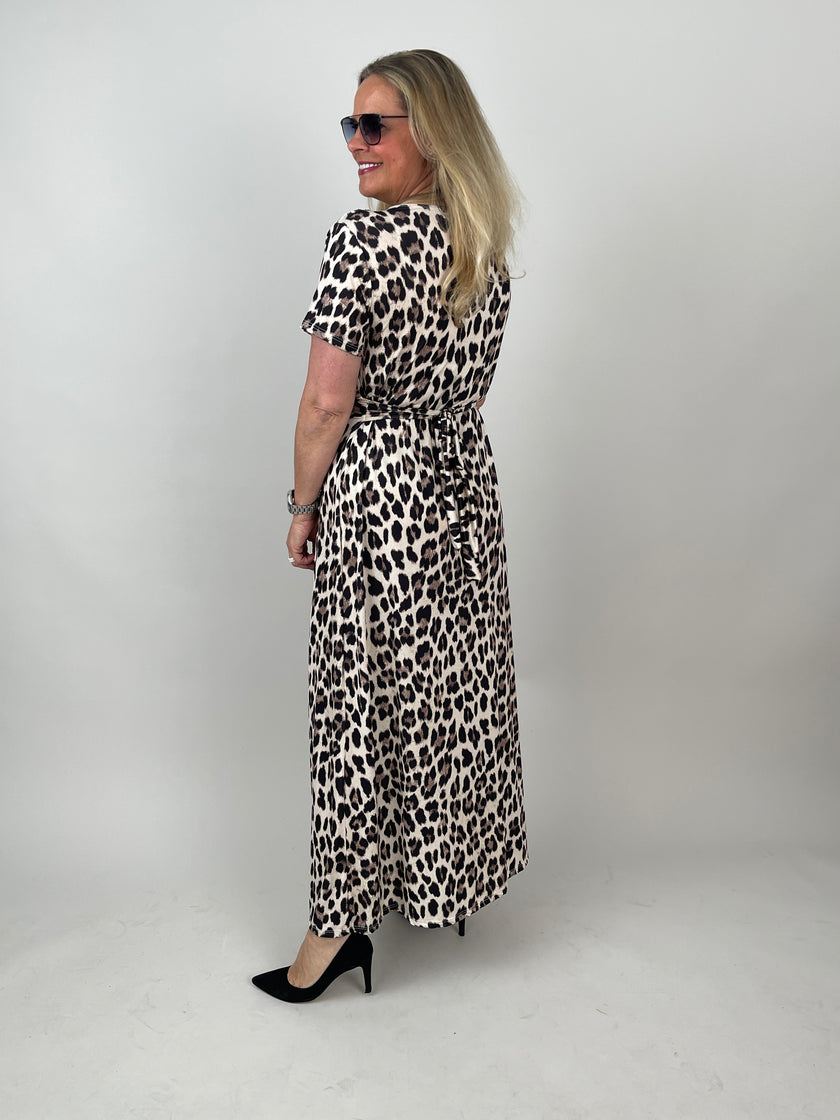 Kleid lang Kurzarm Kofferstoff Leo in Beige/Braun