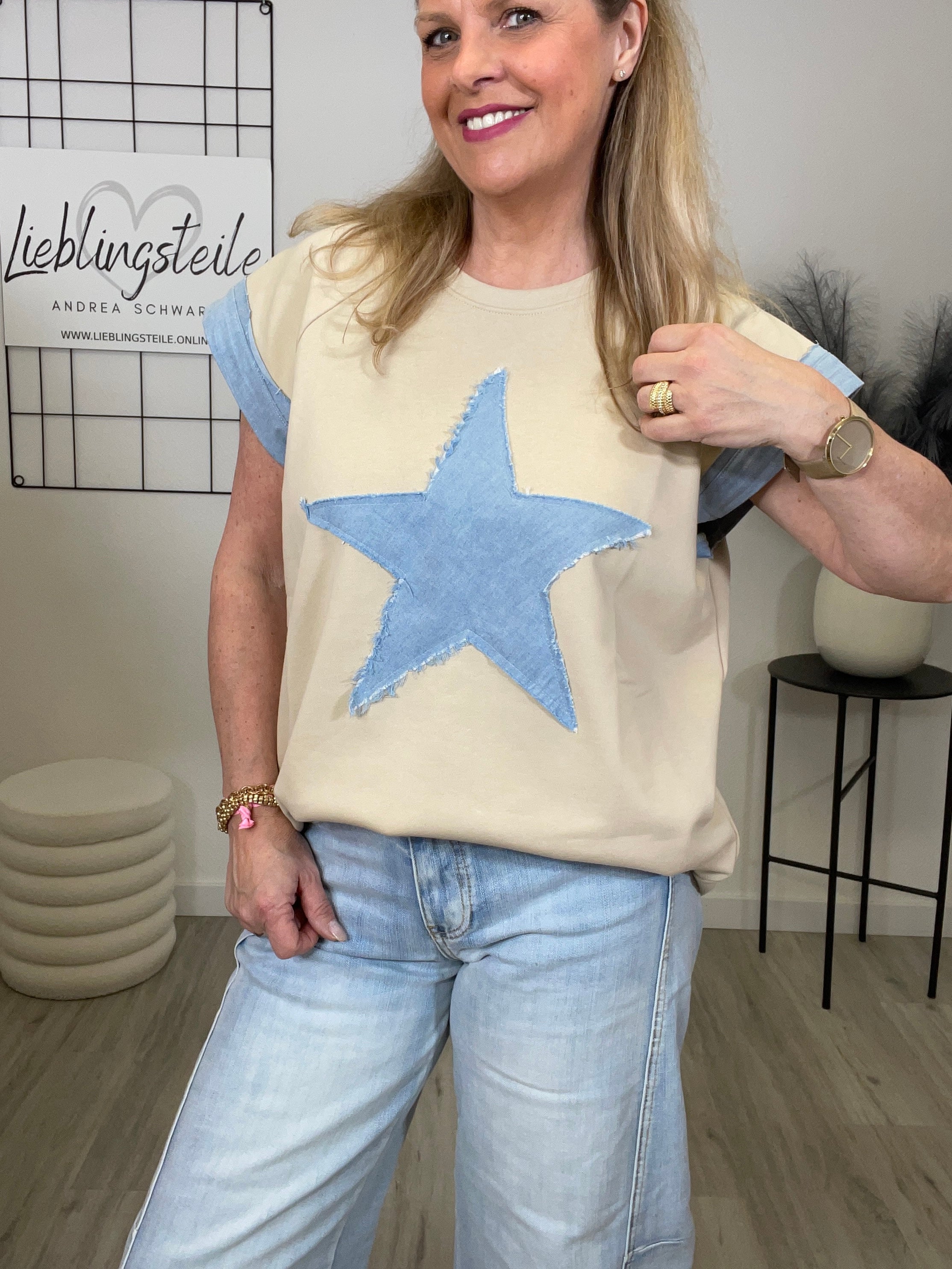 Leichtes Sweatshirt Kurzarm Denim-Details in Beige Art. 6942