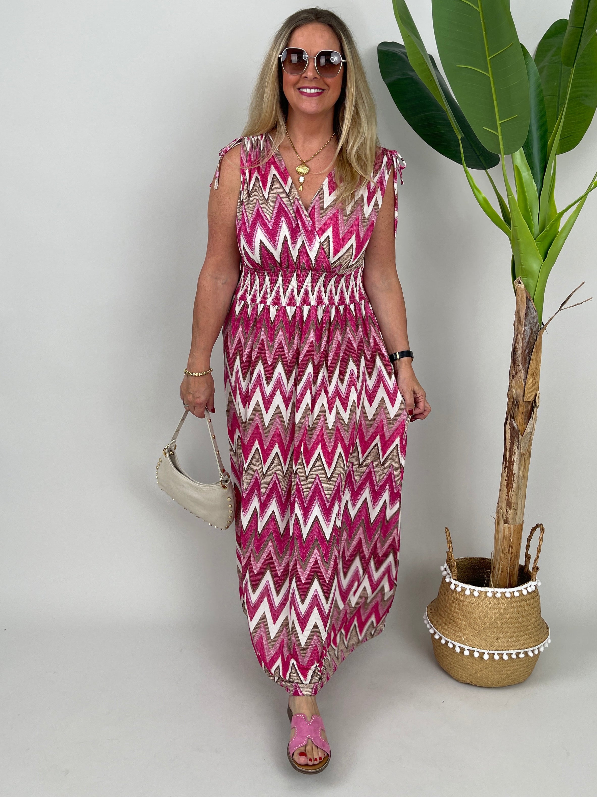 Kleid Maxi Kofferstoff Binde-Details ZickZack in Pink/Taupe