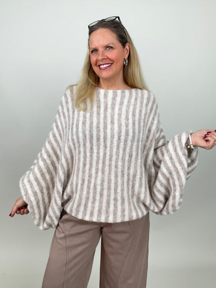 Pullover mit Fledermaus-Ärmeln Streifen in Taupe/Creme
